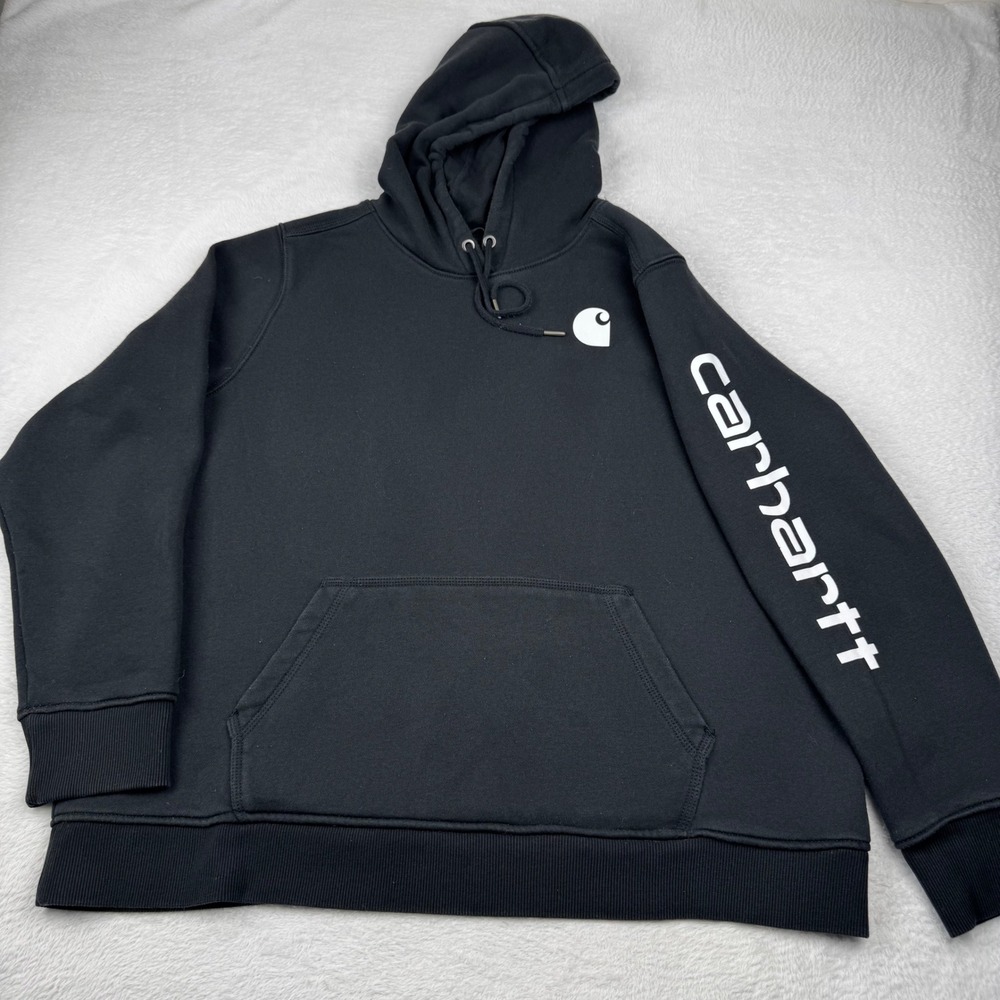 Carhartt Hoodie Women 2X Black Relaxed Fit Sleeve Logo Graphic Sweatshirt